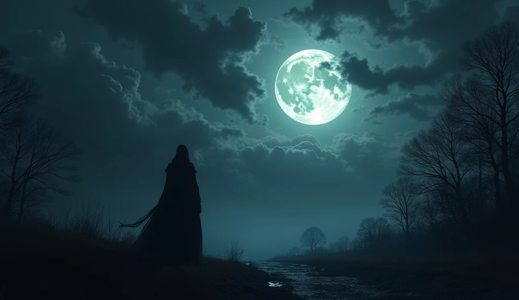 A moon and a black horror  night and clouds 