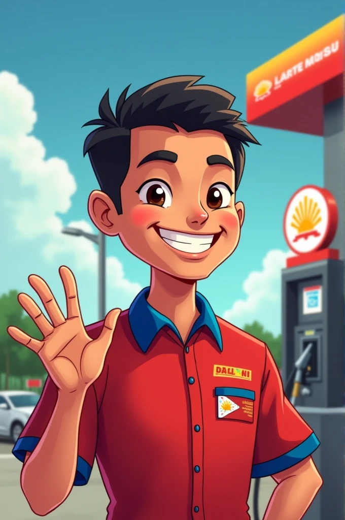 Can you make me a cartoonized filipino man as a pump attendant wearing red and blue shirt like inviting you to gas up as a logo