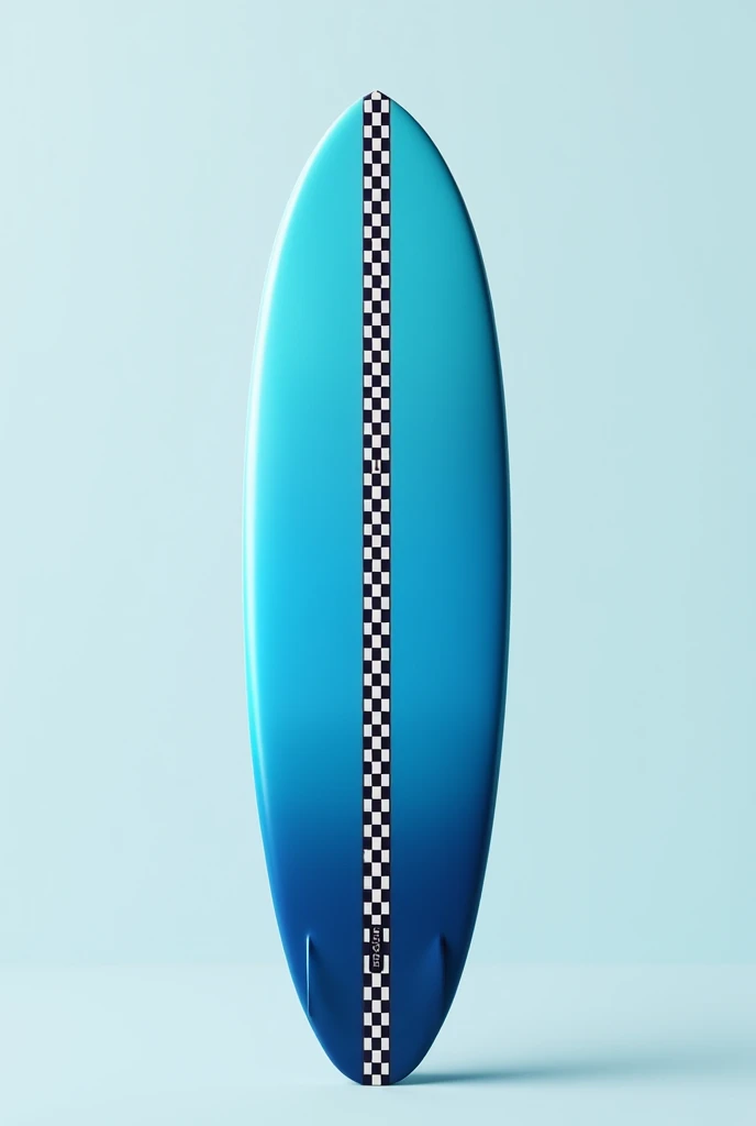 A surfboard with a blue top, which runs from light blue to dark blue. From top to bottom there are two parallel stripes which are black and white checkered. The top has a white border. The checkered stripes run from the tip of the board to the tail!!! Lengthwise not crosswise!!!