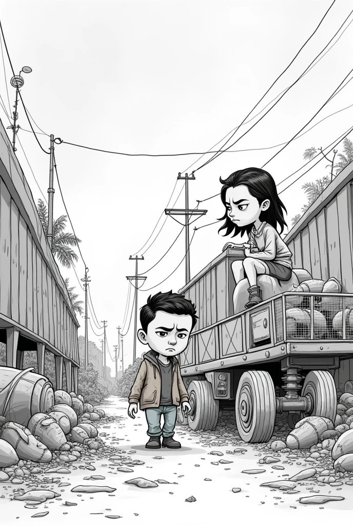 editorial cartooning about economics, the citizens are getting poorer because they didn't use the resources in a brilliant way, no colors and the characters are cartoon-like, 