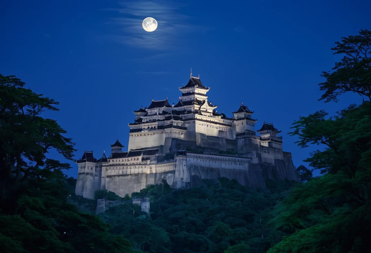 During the Warring States period, this castle, bathed in the enchanting light of a full moon, is filled with history and mystery. The traditional architecture glows under the moonlight, exuding a profound beauty along with the surrounding nature. Once echoing with the voices of warriors, this place still shines timelessly across the ages.