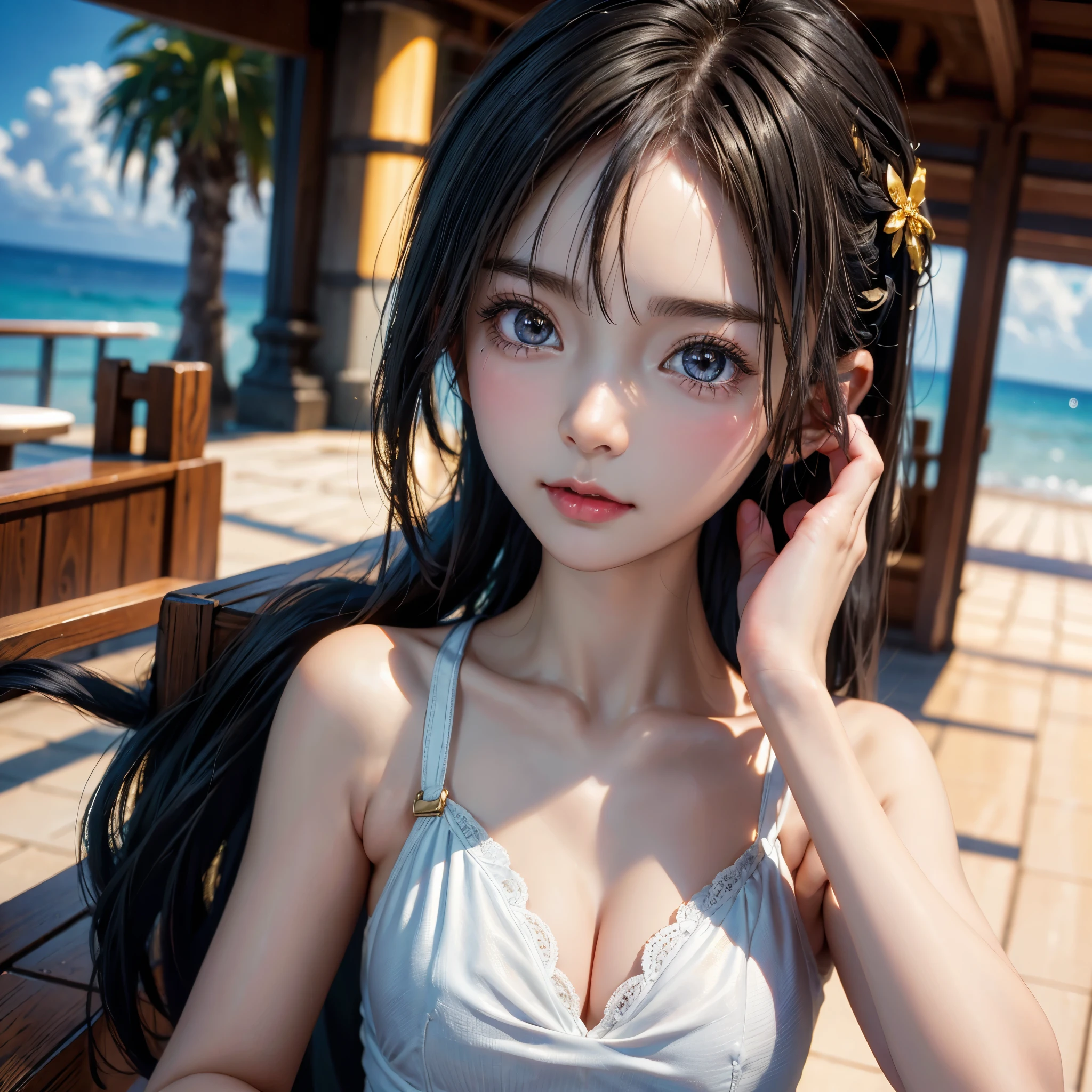 One Girl,(とてもcute少女:1.3),masterpiece,Highest quality,High resolution,Symmetrical,Straight,Photorealistic,RAW Photos,Ray Tracing,Physically Based Rendering,beautiful girl,(:1.3),cute,Big eyes,(detailed pupils:1.2),(The face is facing straight ahead:1.3),Body facing forward,Beautiful nose,High nose,Upturned nose,Fuller lips,Short black hair,ponytail,short hair,Detailed eyelashes,Thin eyebrows,Very fine grain definition,(Symmetrical eyes,Golden Ratio:1.3),(Face close-up,Face Focus:1.0),Small breasts,Slim figure,Short neck,White swimsuit,White Bikini,Ocean,Southern Island,Blue sky,White cloud,Portrait,View Viewer,Upper Body,Cinema Lighting,High resolution,Very detailed