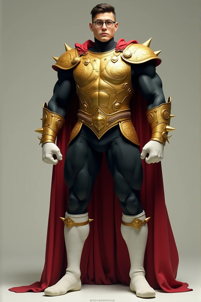 This boy has injected himself with a serum that has given him a huge growth of muscles that has turned him into a gigantic muscle monster. His legs stand out because the amount of muscle and enormous size make the boy look disproportionate since the muscles of his torso are much smaller compared to them.. He is wearing an ancient warrior style suit., First a super tight black lycra base layer that covers the entire body, Then a golden breastplate finally decorated with scenes in relief of muscular men, She also wears a golden belt that is around her small waist. Lleva tambien unas hombreras de oro y una capa color carmin, sus enormes brazos estan cubiertos por la lycra negra y unos guantes blancos con puas en los nudillos, en las piernas lleva unas medias de futbol color blanco extra largas que le llegan hasta los muslos. Sus rostro es hermoso, no lleva barba y tiene el pelo bien corto ademas de llevar unas gafas redondas