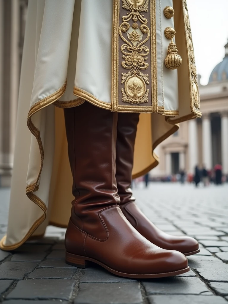 The focal point of this image is a close of the brown no lace knee-high boots the Pope is wearing, the boots match the heavily ornamented white outfit with the papal insignia. The background is St. Peter's Square in the Vatican. The scene captures the moment of religious significance and the historical and artistic richness of St. Peter's Square, AR 16:9, 16k, ultrarealistic, ultra high resolution, photorealistic, Ultra HD