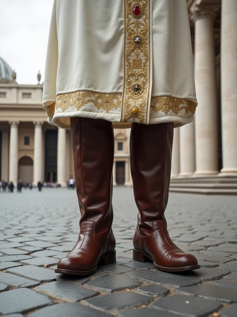 The focal point of this image is a close of the brown no lace knee-high boots the Pope is wearing, the boots match the heavily ornamented white outfit with the papal insignia. The background is St. Peter's Square in the Vatican. The scene captures the moment of religious significance and the historical and artistic richness of St. Peter's Square, AR 16:9, 16k, ultrarealistic, ultra high resolution, photorealistic, Ultra HD