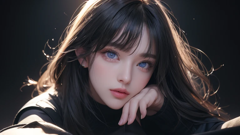masterpiece, Highest quality, Very detailed, Facing the camera, Super detailed, Realistic, Sharp features, Very detailed, Sharp focus, Perfect Face, Perfect Face, Perfect symmetrical perfect eyes, Perfect Plump Lips, Flexible female form, cinematic, Film Light, Super detailed, hyper Realistic, masterpiece, Atmospheric, High resolution, Vibrant, Dynamic Studio Lighting, ((Dark Background)), The expression when receiving pleasure, Straight bangs, Blue eyes,Black sweater, Cowboy Shot, Big Breasts,Realistic、Perfect body、1 female