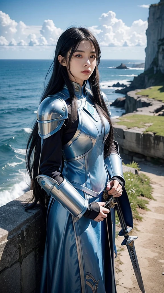Long blue hair that shines beautifully in the sunlight、Blue mechanical armor with white engravings、Big Sword、On top of cliffs by the sea、Entrance clouds in the sky、A big dragon flies in the sky、