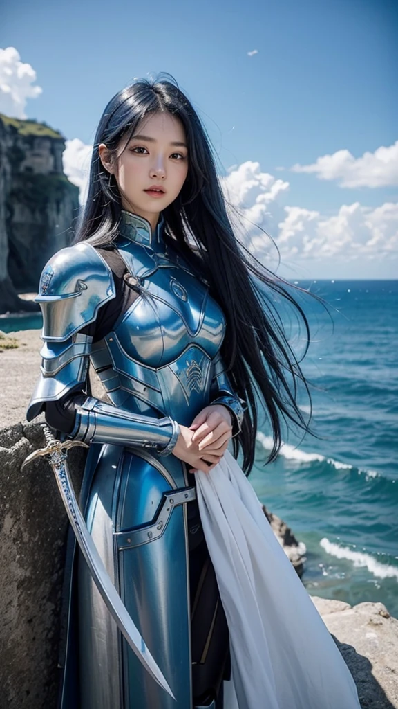 Long blue hair that shines beautifully in the sunlight、Blue mechanical armor with white engravings、Big Sword、On top of cliffs by the sea、Entrance clouds in the sky、A big dragon flies in the sky、