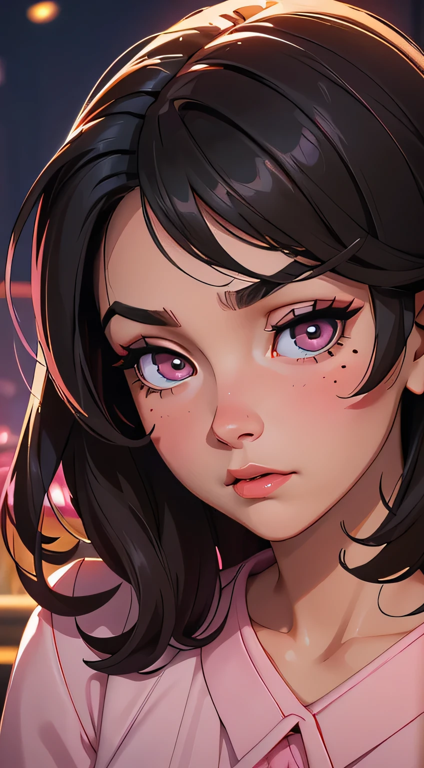 Amazing portrait of a young mature woman with short wavy hair black hair with a fascinated and a surprised expression wearing a pink blouse with a mature face who's experiencing orgasm during night time with soft lighting highlighting her heart pupils as she's sweaty and blushing with a mole under her eye wearing eyeliner with her mouth open and empty eyes