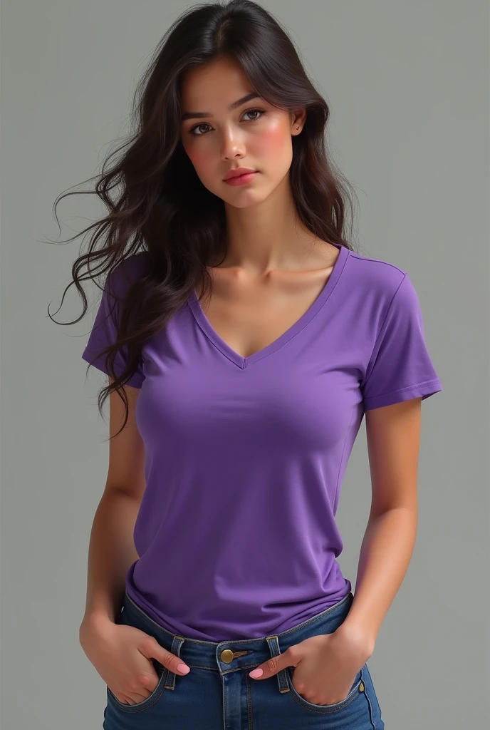 girl in purple tshirt, full view, big breast,