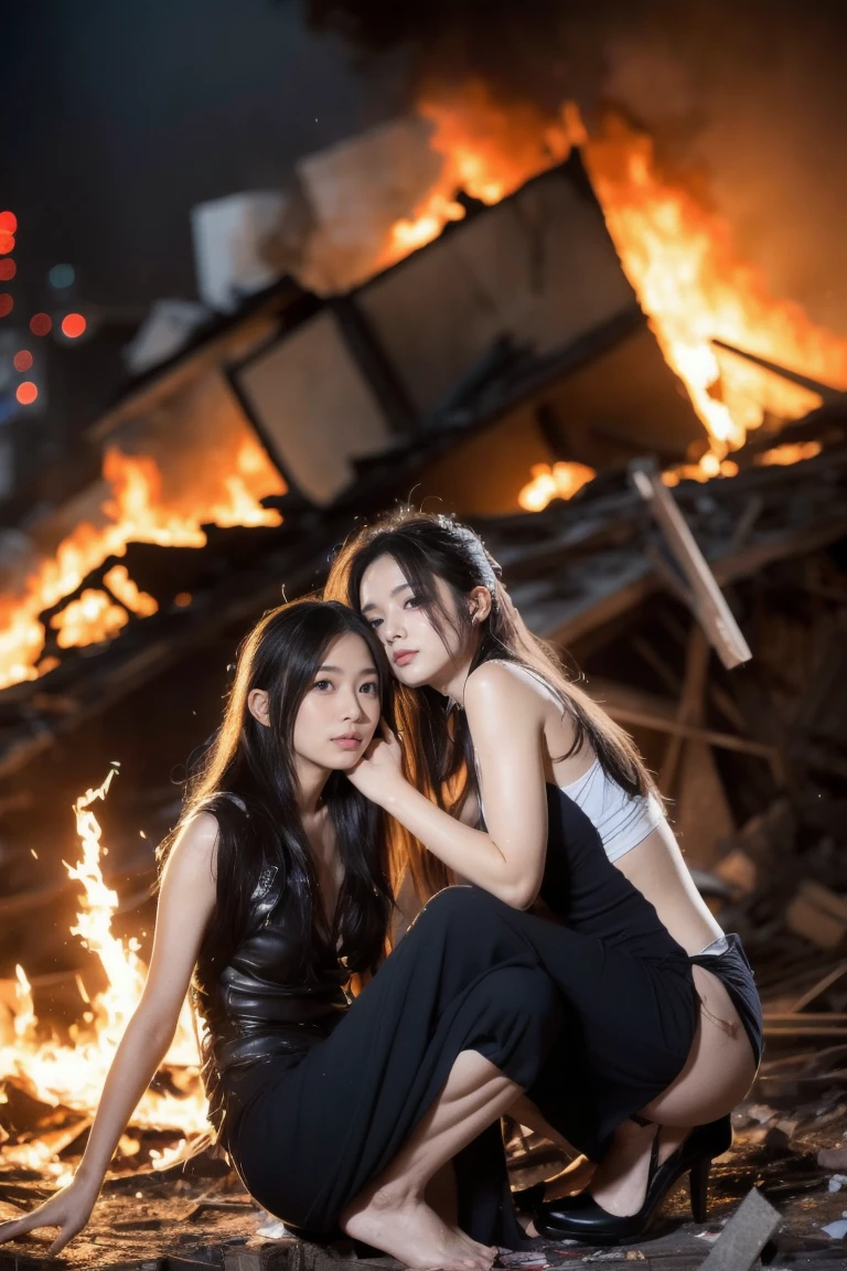 Two women in burning rubble, wounds, blood, explosion, Tokyo, rain, detailed real photo