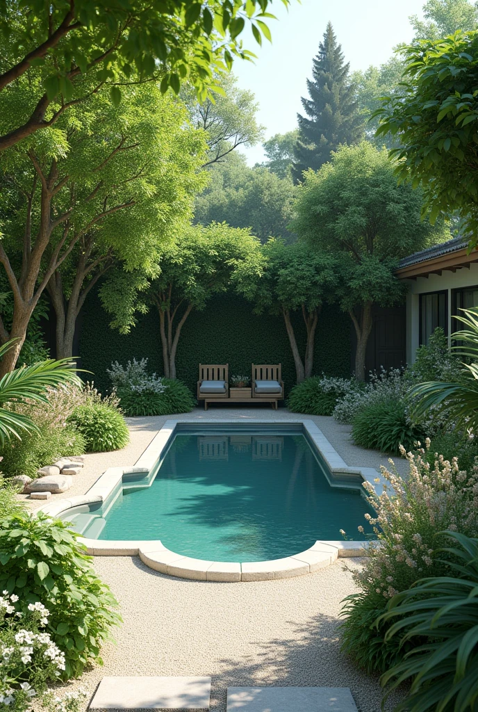 Garden with pool and gravel floor