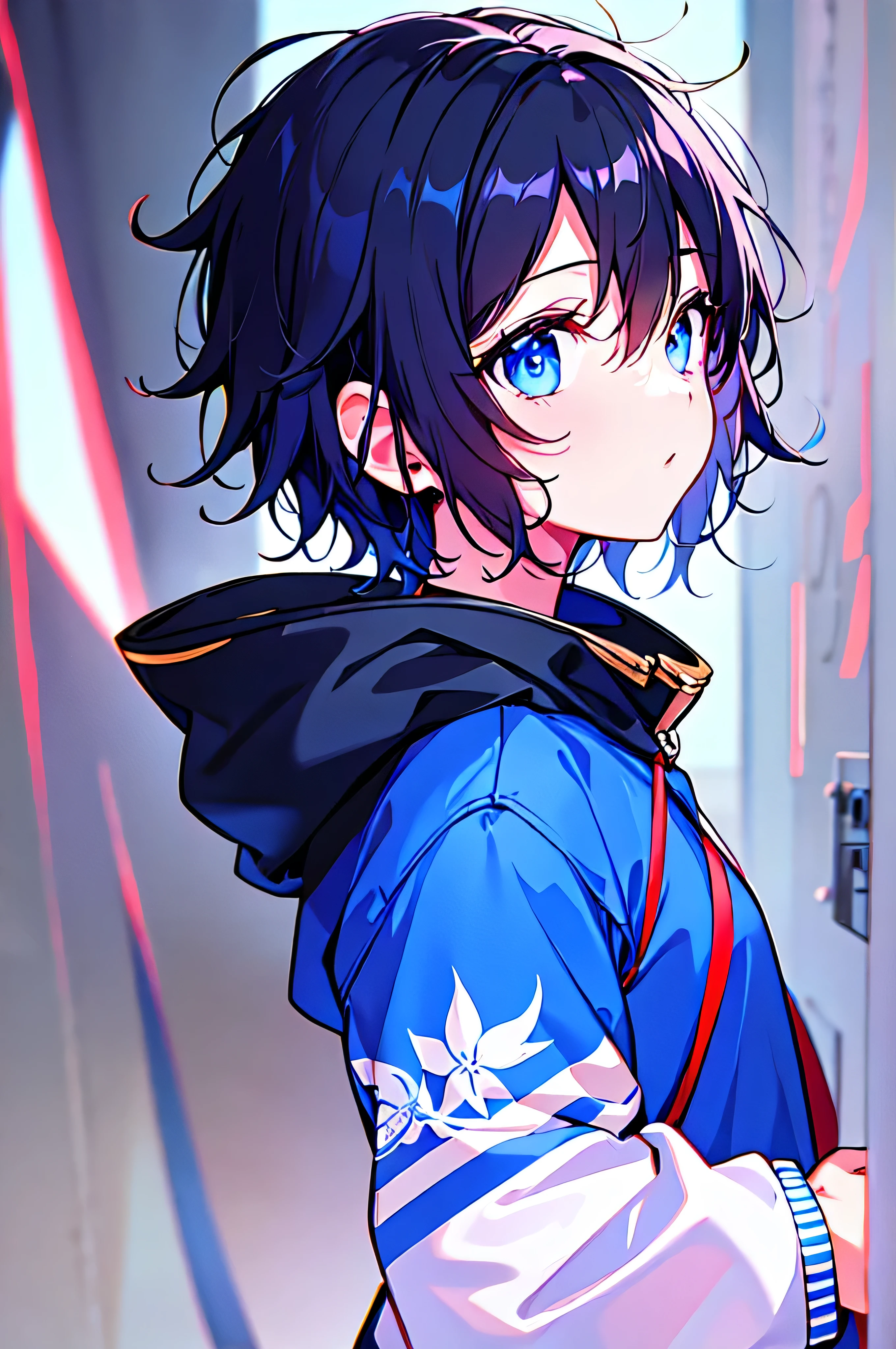 [(WHITE BACKGROUND:1.5),::5], ((((masterpiece)))), high quality, ultra_very_high_resolution, large_filesize, upper body, (blue base), full color, ((solo)), (()), (((black short hair))), blue eyes, anime, neon light, black parka,