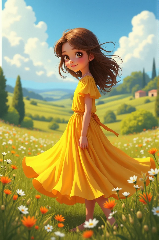 A brown-haired, brown-eyed girl in a yellow dress in Argentina