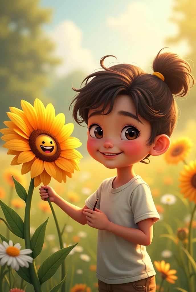 a child model drawing a flower, and in the flower with a smile for the cover of a magazine