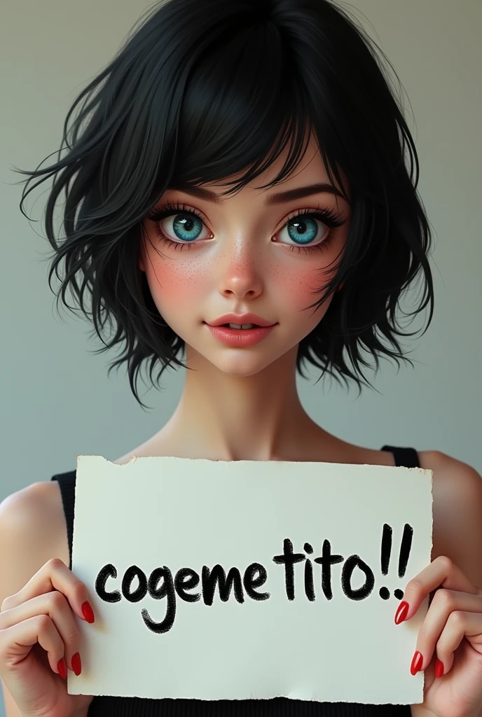 realistic photo of a beautiful white pale girl with short black hair, blue eyes, freckles, she is sitting on the floor with her legs spread open, on her crotch she is holding a sign that says "Cogeme Tito!!", with a provocative look and slightly smiling