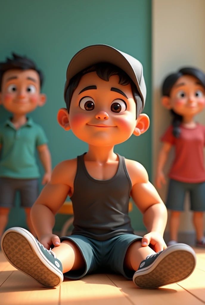 4D Indonesian cartoon with short hair,muscular body using singlet,hat and sneakers,sit on the floor,in front of the parents standing,wall background,
Bk Datail Focus