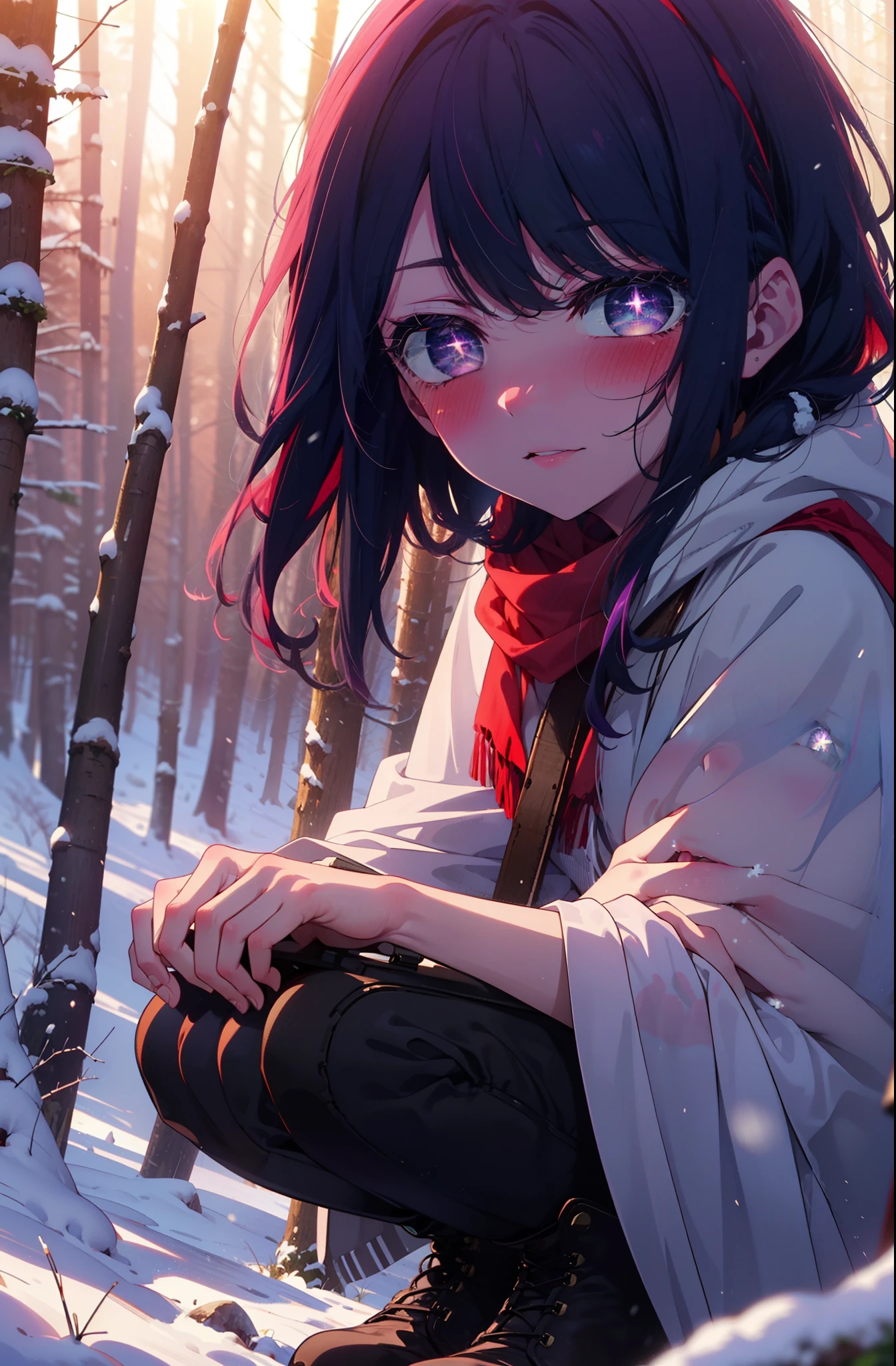 aihoshino, Ai Hoshino, Long Hair, bangs, (Purple eyes:1.1), Purple Hair, (Symbol-shaped pupil:1.5), smile,,smile,blush,white breath,
Open your mouth,snow,Ground bonfire, Outdoor, boots, snowing, From the side, wood, suitcase, Cape, Blurred, , forest, White handbag, nature,  Squat, Mouth closed, Cape, winter, Written boundary depth, Black shoes, red Cape break looking at viewer, Upper Body, whole body, break Outdoor, forest, nature, break (masterpiece:1.2), Highest quality, High resolution, unity 8k wallpaper, (shape:0.8), (Beautiful and beautiful eyes:1.6), Highly detailed face, Perfect lighting, Highly detailed CG, (Perfect hands, Perfect Anatomy),