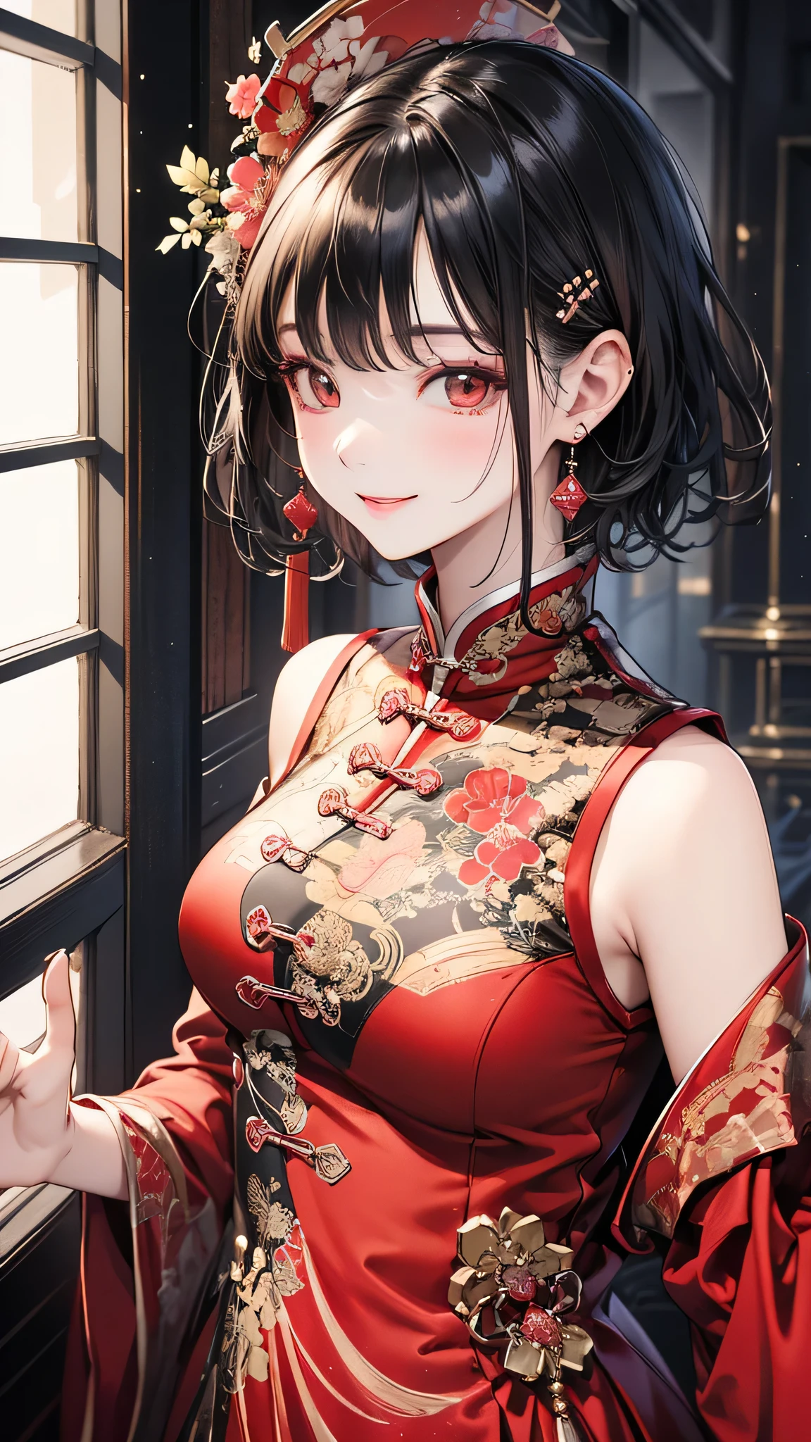 Highest quality, masterpiece, Ultra-high resolution, Super detailed, beautifully, aesthetic, (Beautifully detailed face), (Beautiful attention to detail), Detailed, Red Chinese Dress, One beautiful woman, Black Hair, short hair, Upper Body, smile, Mature Woman,