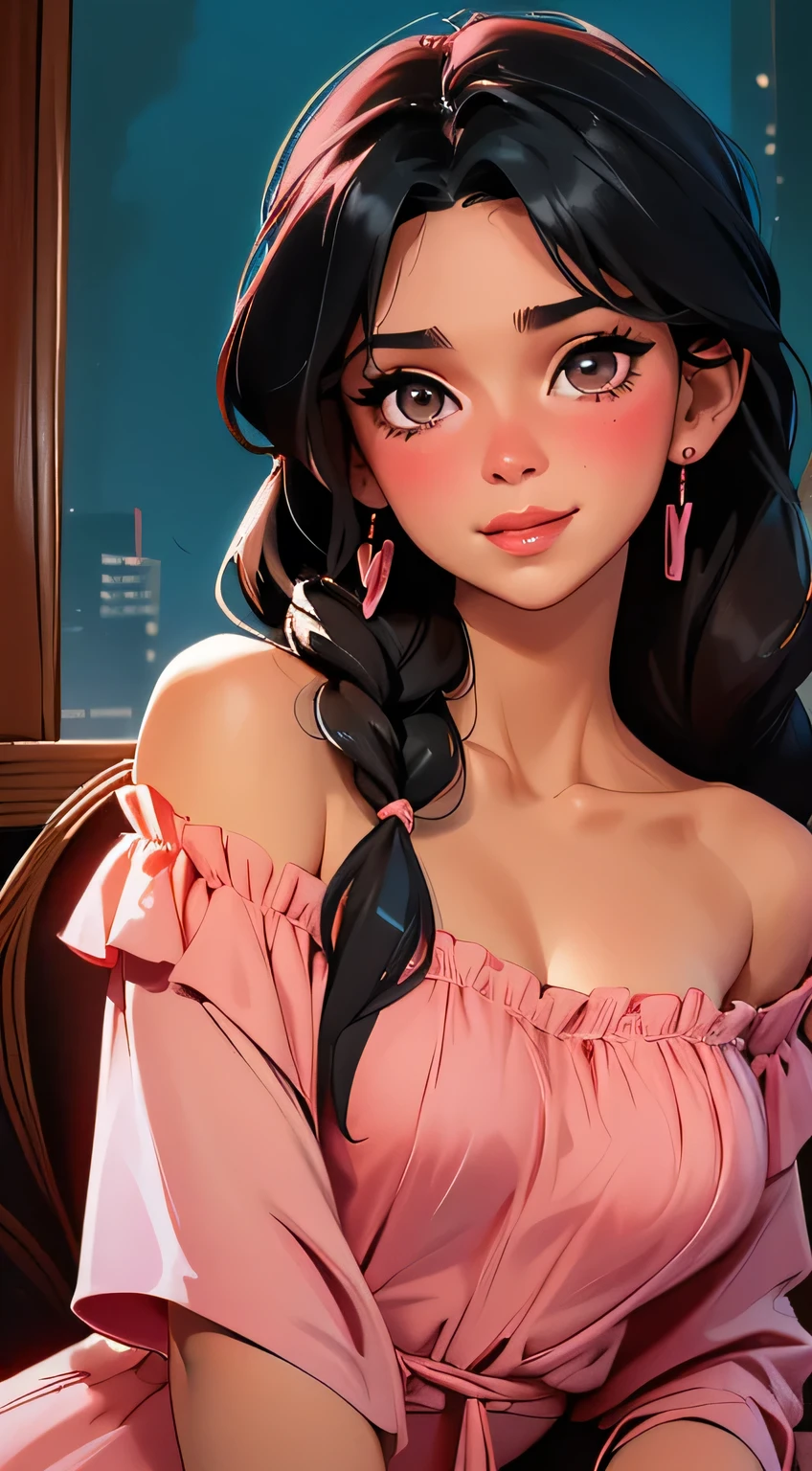 Amazing portrait of a sexy and cute woman in love with her black hair braided as she blushes deep during night time with soft lighting showcasing her seductive and soft eyes and her pink lips which are parted in a seductive smile and her long neck and collarbone having a medium chest with cleavage showcased by the off shoulder t shirt showcasing her bare shoulders