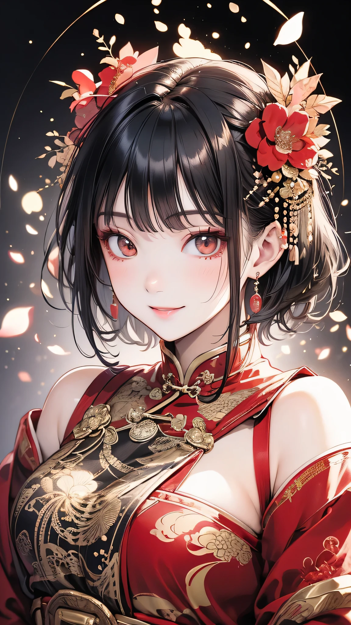Highest quality, masterpiece, Ultra-high resolution, Super detailed, beautifully, aesthetic, (Beautifully detailed face), (Beautiful attention to detail), Detailed, Red Chinese Dress, One beautiful woman, Black Hair, short hair, Upper Body, smile, Mature Woman,