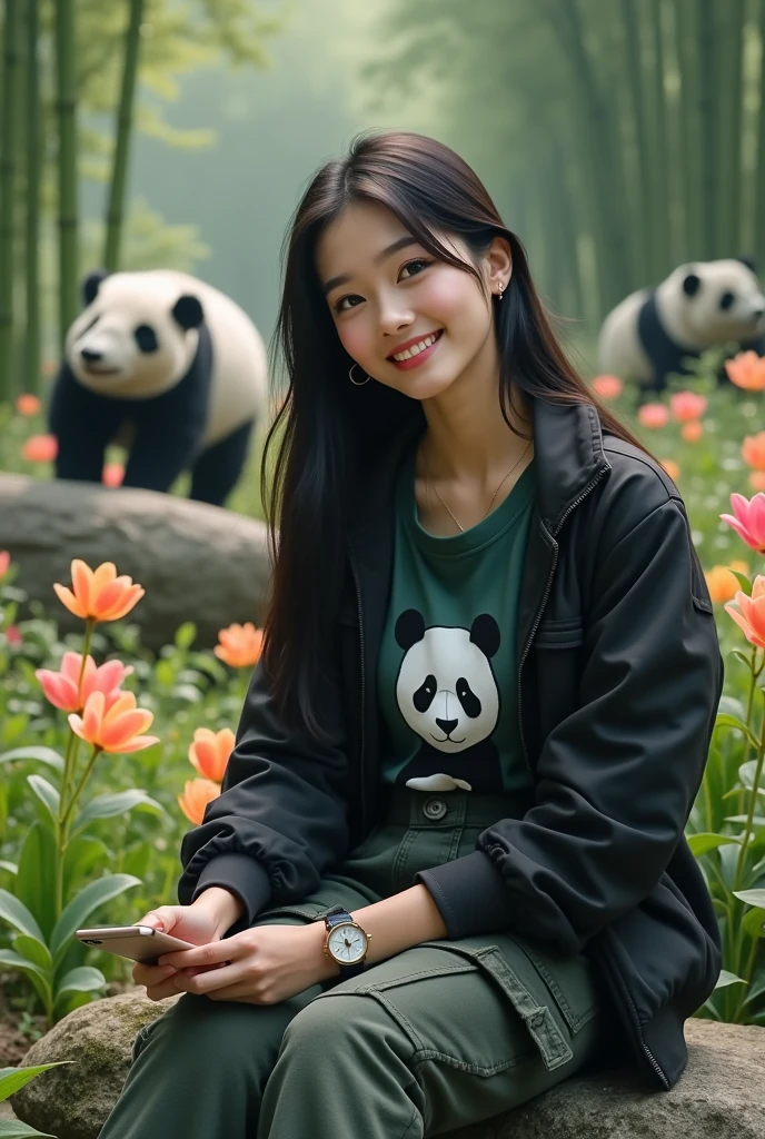 Beautiful Korean girl, white skin, well-groomed face, long straight black hair, wearing a black jacket, jeans, dark green highlighter t-shirt, panda print, cargo pants, backpack, wearing a cool watch, sitting on a rock holding an iPhone 14 Promex, there are pandas roaming around, in the background Behind the vast green bamboo trees, tulips and roses bloom, looking authentic, real and realistic in the photoHigh Resolution,
