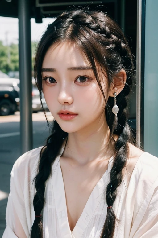 (22 year old Japanese beautiful girl,), (Small perfect breasts,:1.5,),(solo,Textured skin, Detailed skin,Detailed face,Detailed eyes,detailed posing,Natural eyebrows,High detail, Highest quality, Super detailed, Surrealism, ,8k,RAW Photos,Photographicism,Professional Lighting,Ray Tracing,Aperture F1.2,Portrait Photography,Natural Light),(((Black Hair, Natural Makeup,Simple earrings,Braided Hair, Chaoyang,A refreshing morning,OL Blouse,bus stop)))