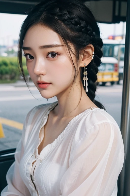 (22 year old Japanese beautiful girl,), (Small perfect breasts,:1.5,),(solo,Textured skin, Detailed skin,Detailed face,Detailed eyes,detailed posing,Natural eyebrows,High detail, Highest quality, Super detailed, Surrealism, ,8k,RAW Photos,Photographicism,Professional Lighting,Ray Tracing,Aperture F1.2,Portrait Photography,Natural Light),(((Black Hair, Natural Makeup,Simple earrings,Braided Hair, Chaoyang,A refreshing morning,OL Blouse,bus stop)))