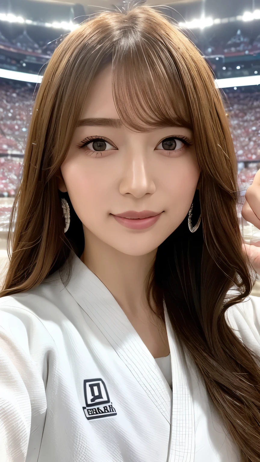 (Highest quality、8k、Award-winning works、Ultra-high resolution)、One beautiful woman,(blonde:1.1)、Bright color contacts、Perfect Makeup、Bright and shiny lipstick、(Very heavy makeup:1.2)、Beautiful bright eyeshadow、Heavy makeup around the eyes、very long wavy hair、(Romantic affection:1.1)、The best smile he had when he saw me、(Strongly blurred background of the stadium:1.1)、(Strongly blurred background:1.1)、Accurate anatomy、Ultra HD Hair、(Ultra-high resolutionの完璧な美しい歯:1.1)、Ultra-high definition beauty face、Ultra HD Hair、Ultra HD Shining Eyes、輝くUltra-high resolutionの美肌、Ultra-high resolutionの艶やかな,Judoka, Wearing a white judo uniform:1.3,The black belt is tying the gi,whole body:1.1,Fighting Pose,Olympic,gold medal,Victory