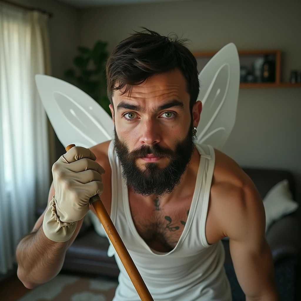 realistic photo for social media of a 33 year old man, born in Teresópolis, tattoo on right arm, ear rings, dark beard, very white skin, short dark brown hair, small straight nose, sunken eyes green color, sexly. He is dressed as a fairy, using cleaning gloves, leaning on a broom. He is cleaning a dirty modern apartment and smiling shyly