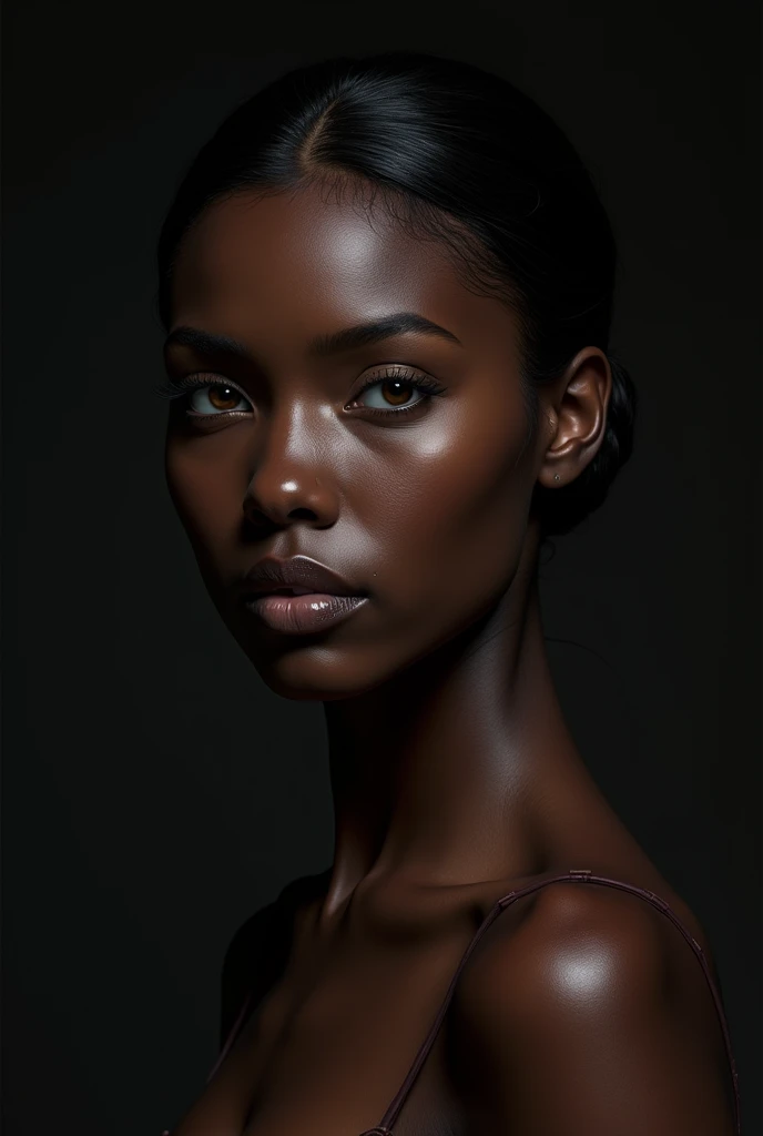 Female, dark skin, long face and tied hair, .