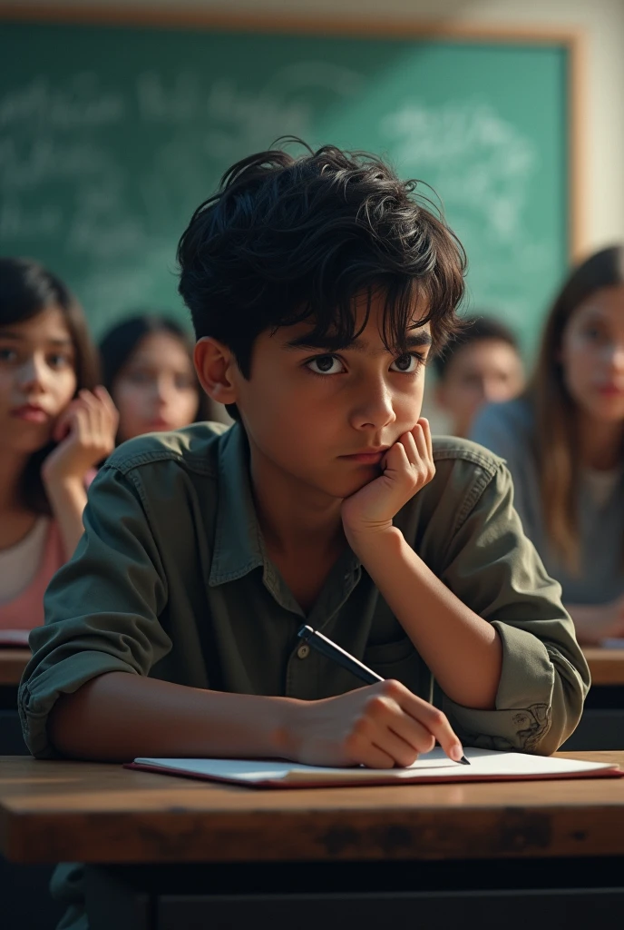 A boy name qasim. Sitting very sad in the BS class while professor is delivering lecture and the qasim. Is sitting sad busy in his thoughts