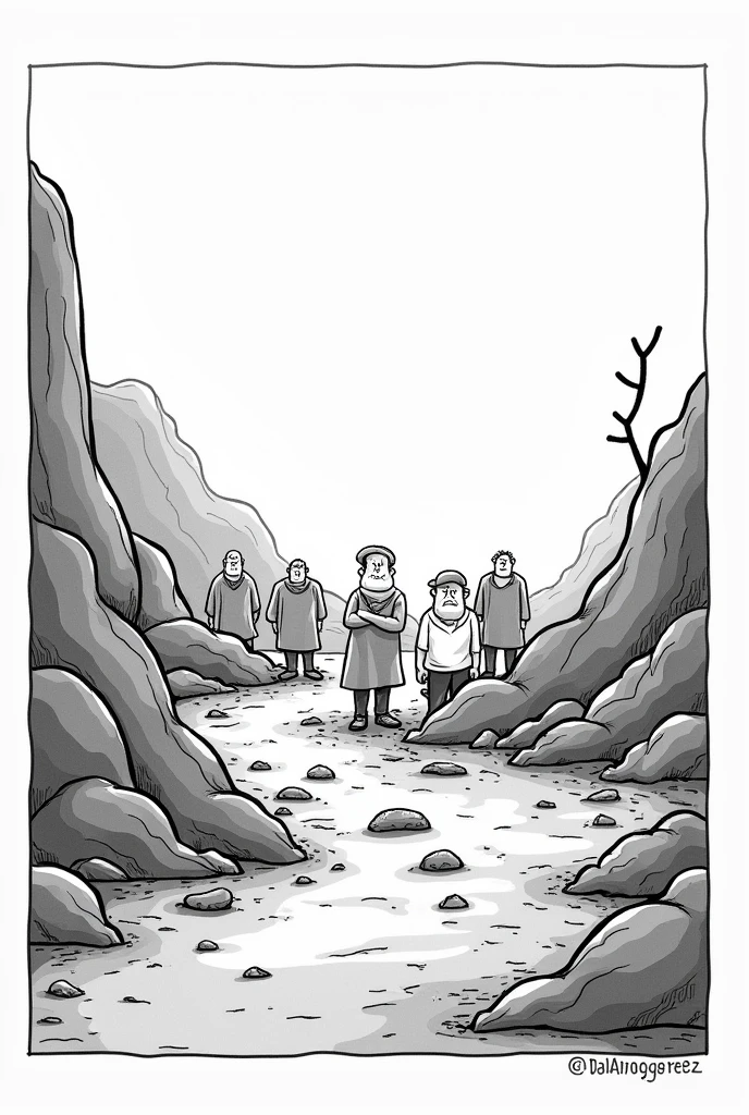 editorial cartooning about economics, the citizens are getting poorer because they didn't use the resources in a brilliant way, they no longer have any resources left, some people are crying, no colors and the characters are cartoon-like,