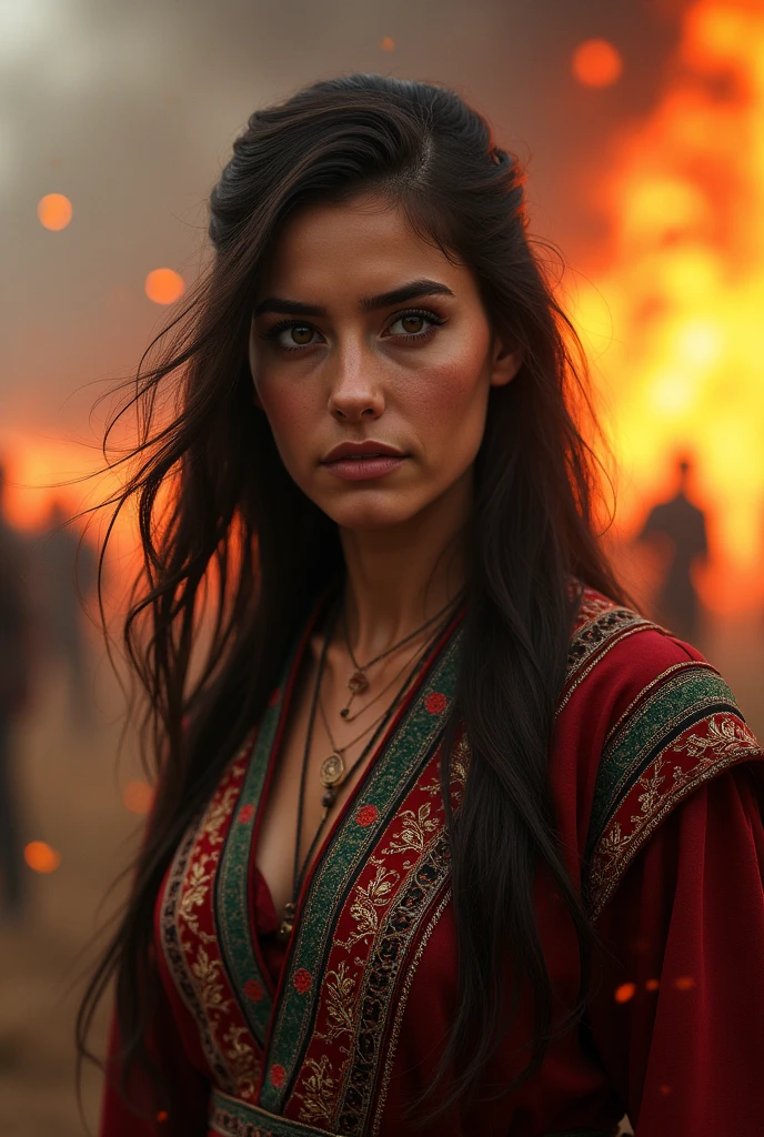 (photorealism:1.2) An intense scene with an Azerbaijani woman in the foreground. She has strong, determined eyes, framed by her dark, flowing hair. She wears traditional Azerbaijani clothing, richly embroidered with intricate patterns, symbolizing cultural pride. Behind her, the background is engulfed in flames, resembling a fierce battle scene. The flames are wild and chaotic, casting a fiery glow that highlights her resolve and strength. Embers and smoke fill the air, adding to the drama of the moment, while shadows of distant combatants can be faintly seen through the inferno.Size: 1024x1024