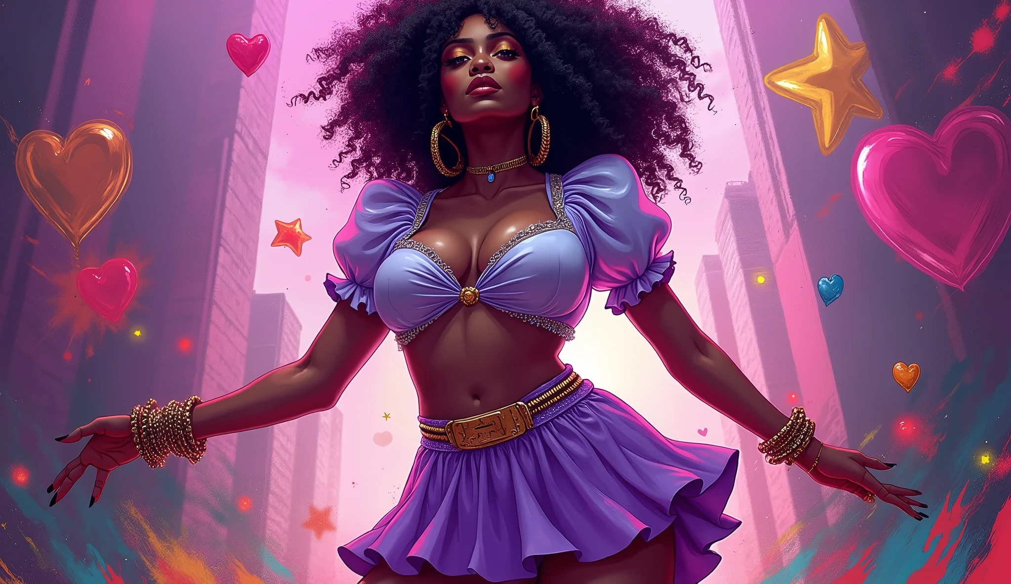 vectorial art, With a lot of Jamaican reggae, Authentic Jamaican Reggae Music Atmosphere,colorful illustrations, At the center, swirly vibrant colors, paint splashes and smears, high détail, incite: epic, objective: Neon lilac, drop-morto (huge ass) marvelous (perfect lady) with many translucent inflatable parts & puff sleeve skirt, dark melanin, tiny abs, Very beauthful (CherokeeDass × Vixen × Selenis Leyva × Blac Chyna), highlighting your A (heavy bottom, upper) body part, cover: work of art, exaggerated curves, focusing:2, com a moda Womancore em alta na DynastySeries FashionNova, boasting large (ultra widespread) hips, set on the site of a balloon (custom) Contest