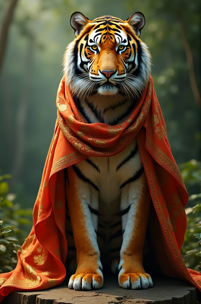 A tiger wareing a sharee and standing position