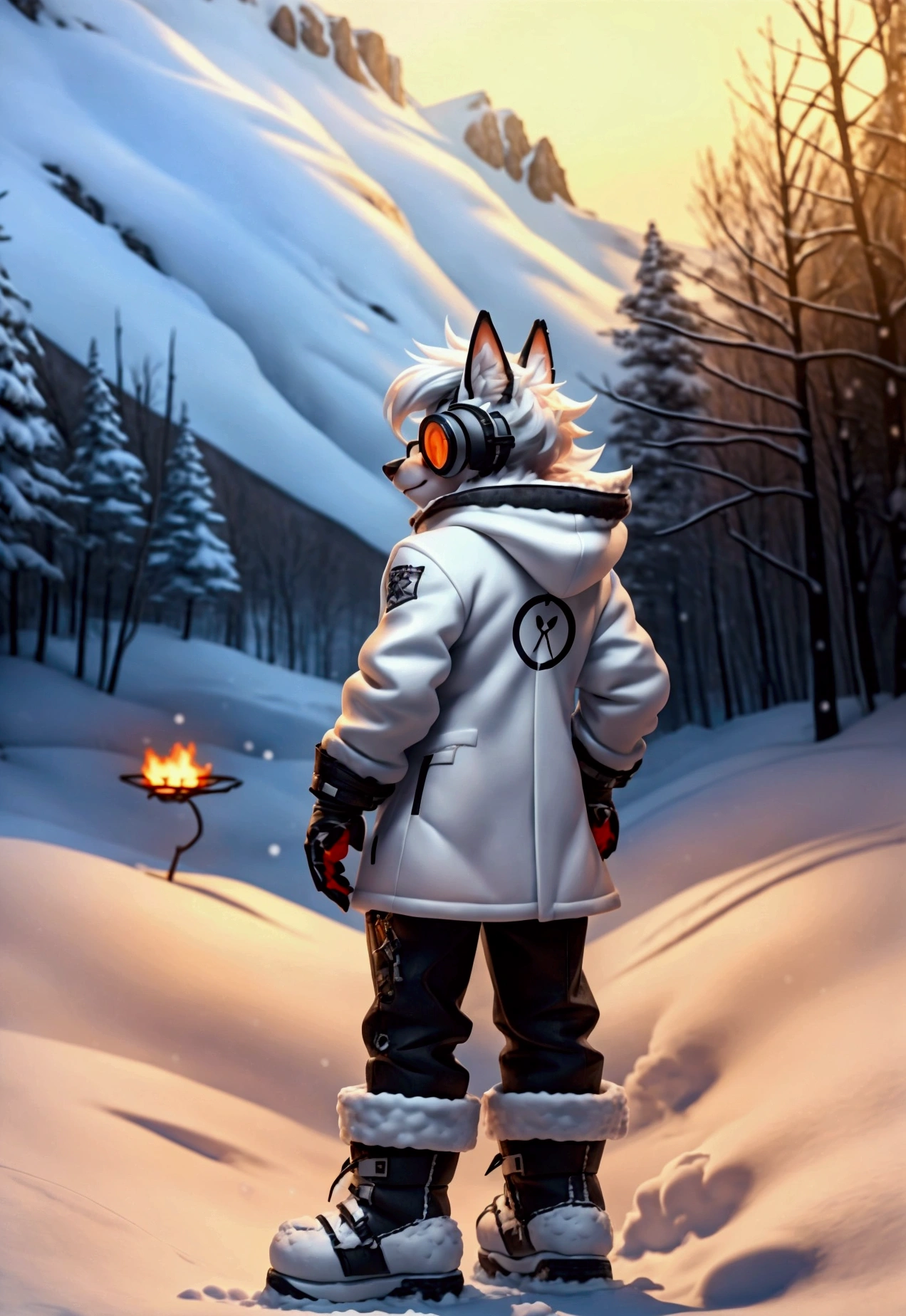 werewolf, white hair, wearing a black winter coat with white details and the letter Z printed on the back, black and white pants and snow boots. Wearing eye and ear protection for snow. Front and back photo. Letter Z in the Coasts. Short wolf tail