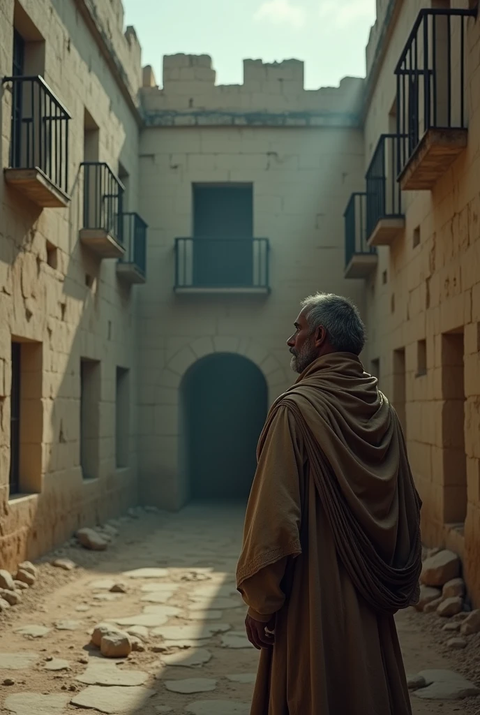   A Egyptian  man seeing 
Old century prison  very depressing mood