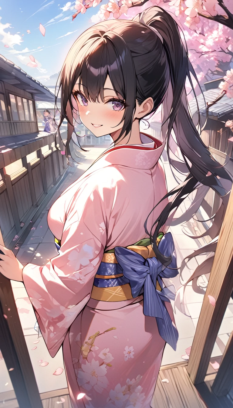 One Woman、beautiful girl、after school、evening、kimono、kimono、ponytail、Straw sandals、School、Back of the school building、spring、Cherry tree々、Cherry blossom petals fluttering、Long Hair、Highest quality、Ultra HD、Black Hair、smile、8 heads