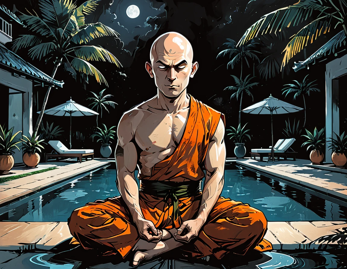 ((night)), dark, deep shadow, ((open mouth)),blind Buddhist monk sitting in lotus position next to the pool at the white hotel, tropical, palm, white hotel, pool, round face, white eyes, no eyebrows, no hair, bald, paw-eared, round cheeks, narrow lips, man, white sclera eyes, Whitewash Eyes, ((((orange Kashaya)))), graphic style of novel comics, perfect hands, 2d,
8k, hyperrealism, masterpiece, high resolution, best quality, ultra-detailed, super realistic, Hyperrealistic art, high-quality, ultra high res, highest detailed, lot of details, Extremely high-resolution details, incredibly lifelike, colourful, soft cinematic light,