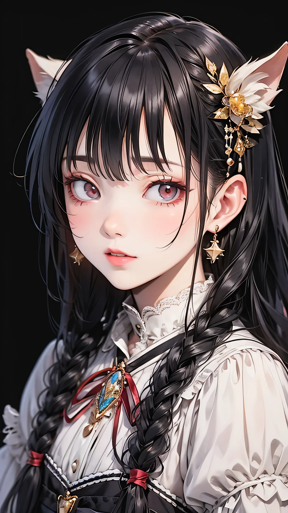 Highest quality, (Realistic:1.2), One person, alone, Detailed face, Face Focus, Are standing, Black Hair,(hair ornaments:1.35),office lady, Sleeves edged with ribbon, Removable sleeves, Ribbon trim, Wide sleeves, (View your viewers:1.5) Long Hair, Iris, bangs, lips,