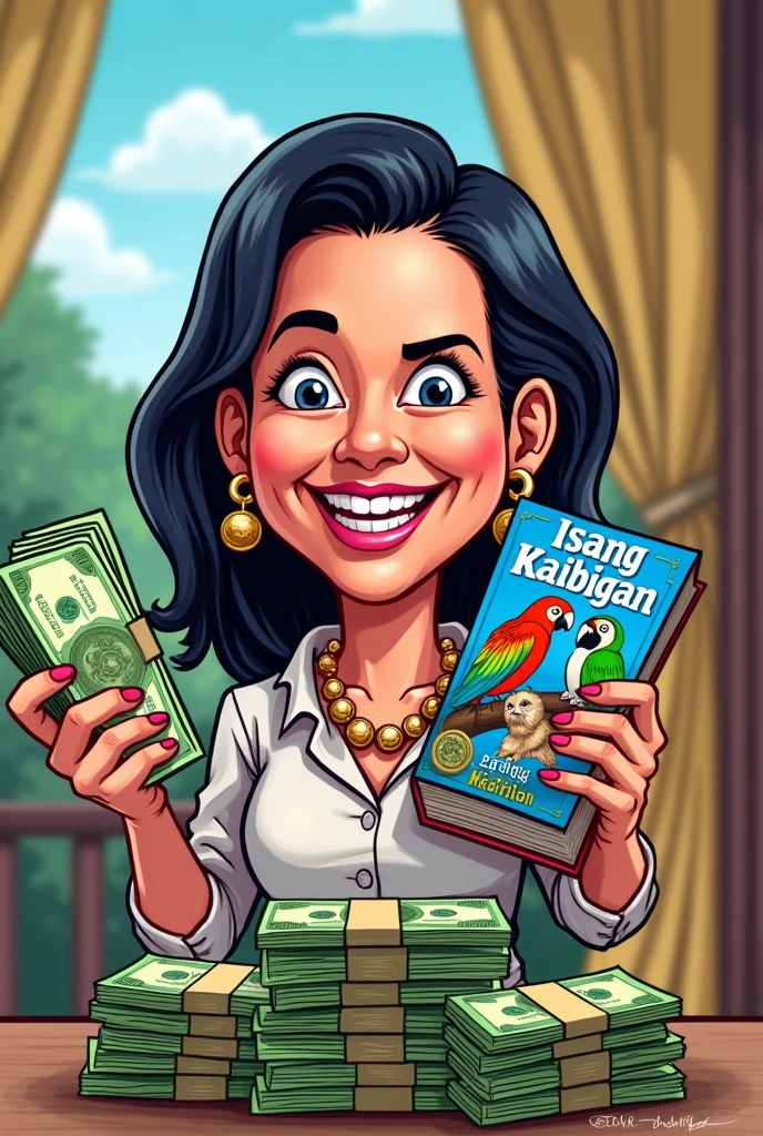 Make a funny cartoon picture of Vice President Sarah Duterte holding 10 million pesos and her book titled "Isang Kaibigan" with owl and parrot as the book's cover. Make it realistic and for meme