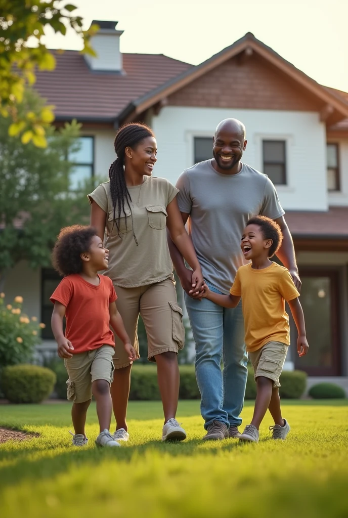 generate a photo of a black man with his beautiful half cast family of wife and brown kids playing at the backyard of their home big two storey house 
