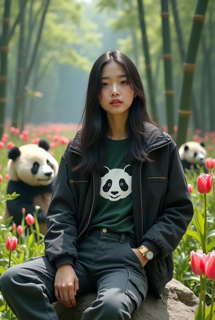 Beautiful Korean girl, white skin, well-groomed face, long straight black hair, wearing a black jacket, jeans, dark green highlighter t-shirt, panda print, cargo pants, backpack, wearing a cool watch, sitting on a rock holding an iPhone 14 Promex, there are pandas roaming around, in the background Behind the vast green bamboo trees, tulips and roses bloom, looking authentic, real and realistic in the photo
