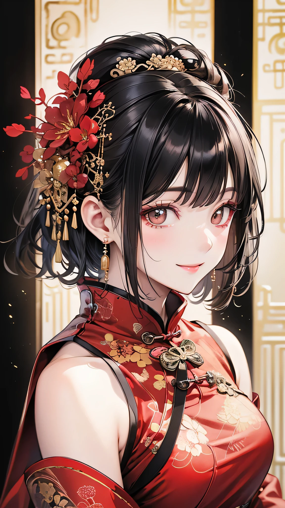 Highest quality, masterpiece, Ultra-high resolution, Super detailed, beautifully, aesthetic, (Beautifully detailed face), (Beautiful attention to detail), Detailed, Red Chinese Dress, One beautiful woman, Black Hair, short hair, Upper Body, smile, Mature Woman,