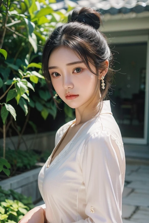 (22 year old Japanese beautiful girl,), (Small perfect breasts,:1.5,),(solo,Textured skin, Detailed skin,Detailed face,Detailed eyes,detailed posing,Natural eyebrows,High detail, Highest quality, Super detailed, Surrealism, ,8k,RAW Photos,Photographicism,Professional Lighting,Ray Tracing,Aperture F1.2,Portrait Photography,Natural Light),(((Black Hair, Natural Makeup,Simple earrings,Bun Hair, Chaoyang,A refreshing morning,OL Blouse,garden)))