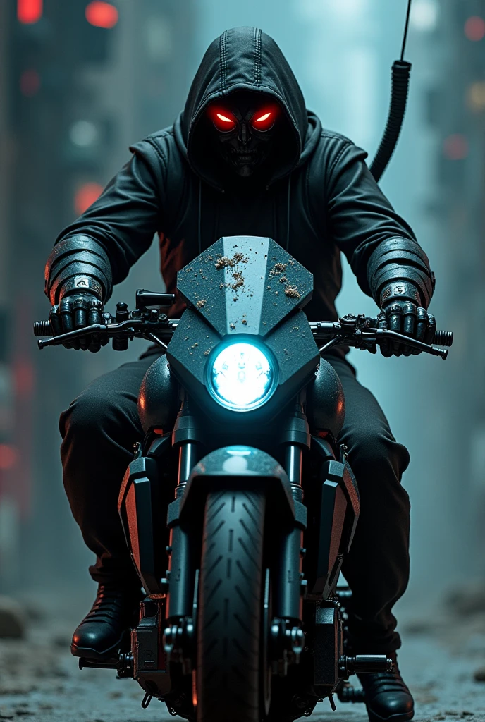 A mechanical gunman on a black, spiky bike(Cyborg) Hat pulled down low The left eye is red、The right one glows blue Bullet holes on the screen