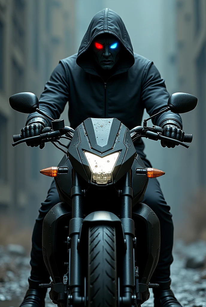 A mechanical gunman on a black, spiky bike（Cyborg）　Hat pulled down low　The left eye is red、The right one glows blue　Bullet holes on the screen