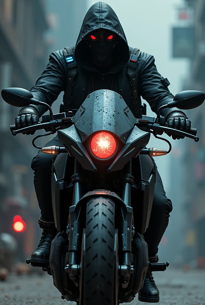 A mechanical gunman on a black, spiky bike(Cyborg) Hat pulled down low The left eye is red、The right one glows blue Bullet holes on the screen