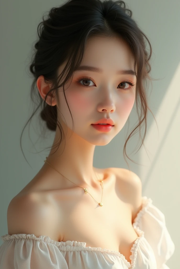 Female, not very dark skin, long face and tied hair, .